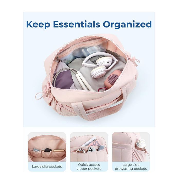 Black Large Capacity Quilted Travel Tote Bag - Waterproof Gym Duffel with Wet Pocket (42x19x30cm)