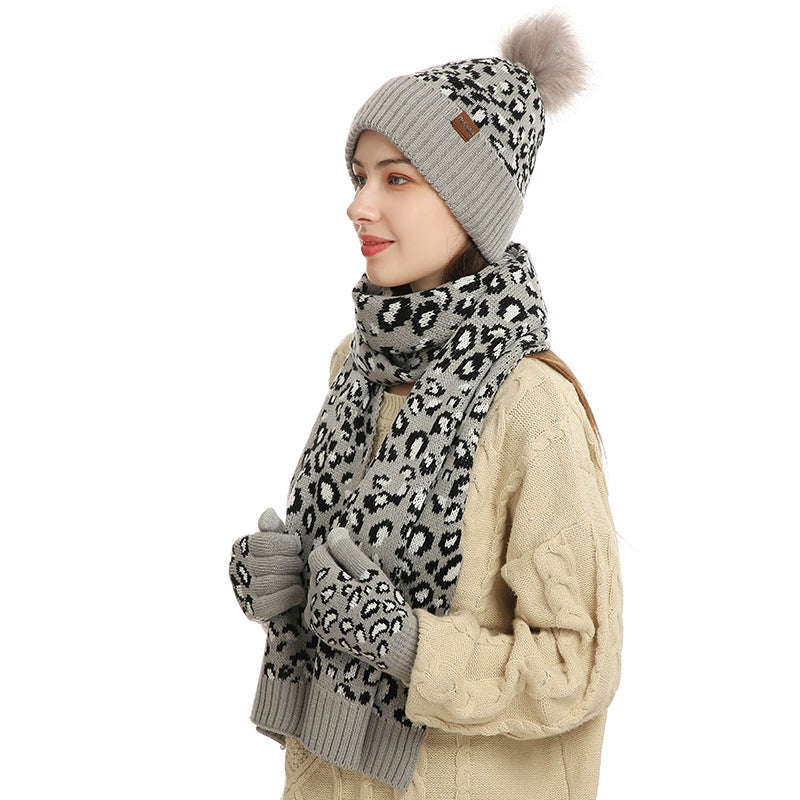Grey Women's Leopard Print Winter Warm Knit Set - 3 Piece Fleece Lined Hat, Scarf & Gloves