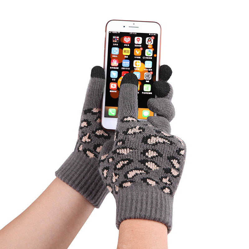 Grey Women's Leopard Print Winter Warm Knit Set - 3 Piece Fleece Lined Hat, Scarf & Gloves