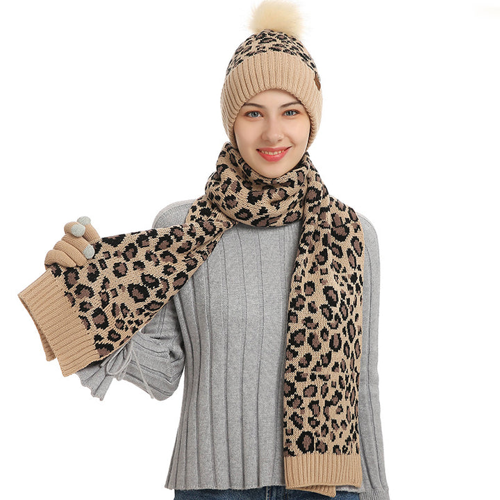 Beige Women's Leopard Print Winter Warm Knit Set - 3 Piece Fleece Lined Hat, Scarf & Gloves