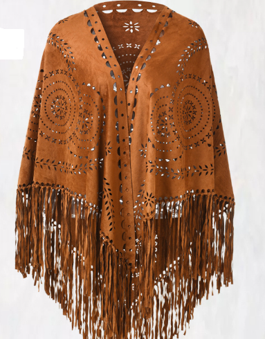 Brown Suede Wheat Tassel Triangle Scarf - Autumn Warm Shawl for Women, Hollow-Out Fringe Design