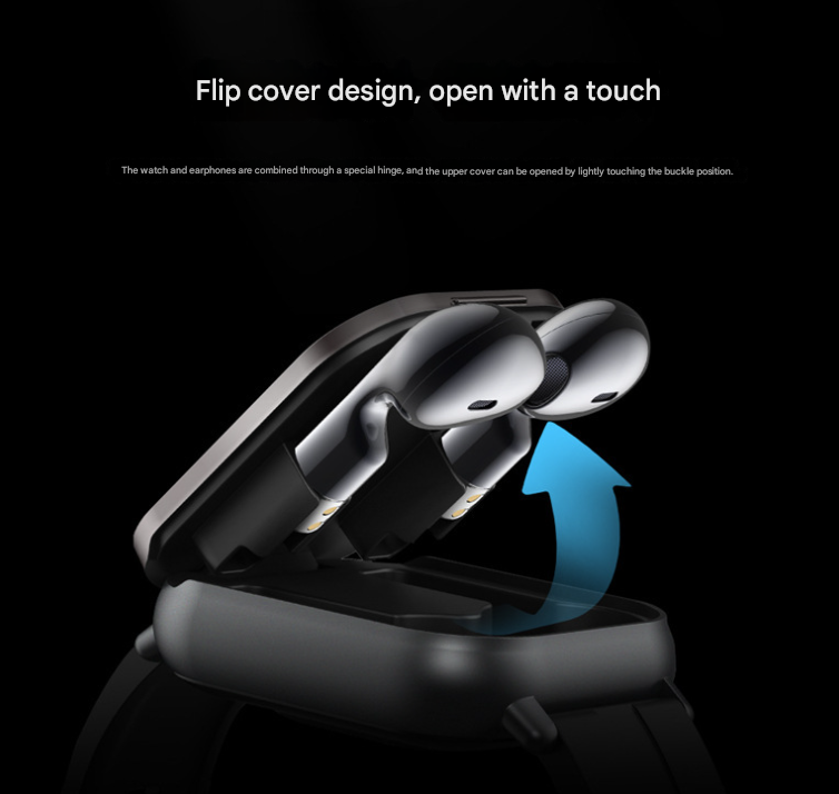 Black 2-in-1 Bluetooth Smartwatch with Integrated Earbuds for Sports