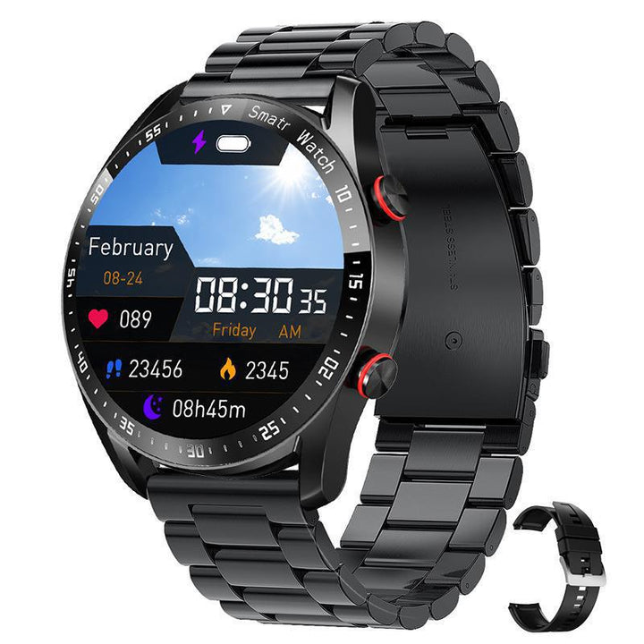 Black Silicone +22MM Black Mitsubishi Steel Strip Business Smartwatch with ECG and PPG Monitoring and Stainless Steel Strap