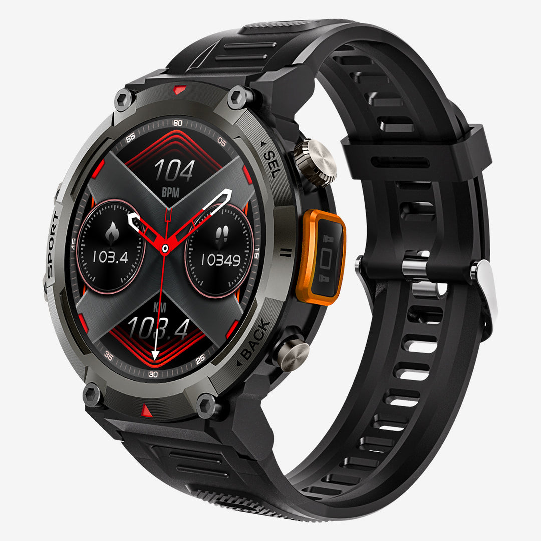 Black-orange Outdoor Smartwatch with 1.45-Inch HD Round Screen and Flashlight
