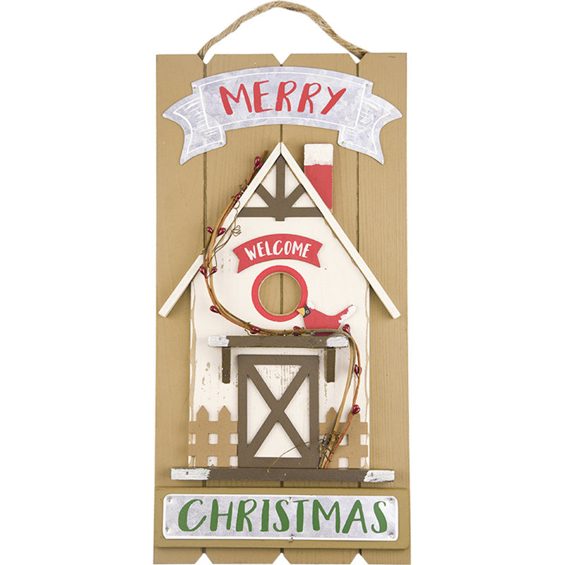 Decorative Christmas sign with a birdhouse design, wreath, and festive text on a white background.