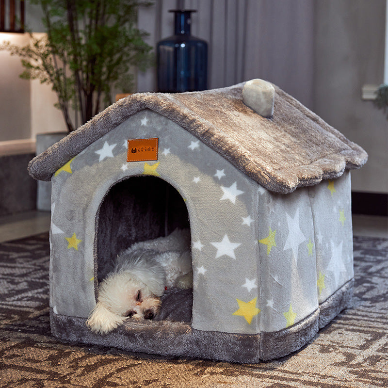 Foldable Decorative Pet House Bed showing Grey Stars design in use | Confetti Living