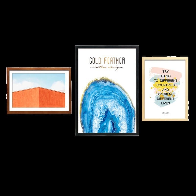 Three framed artworks on a black background