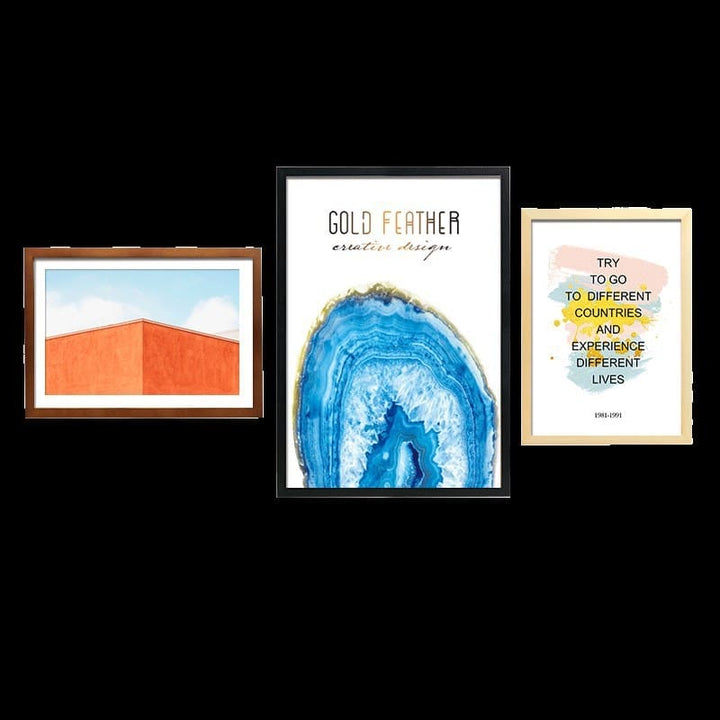 Three framed artworks on a black background