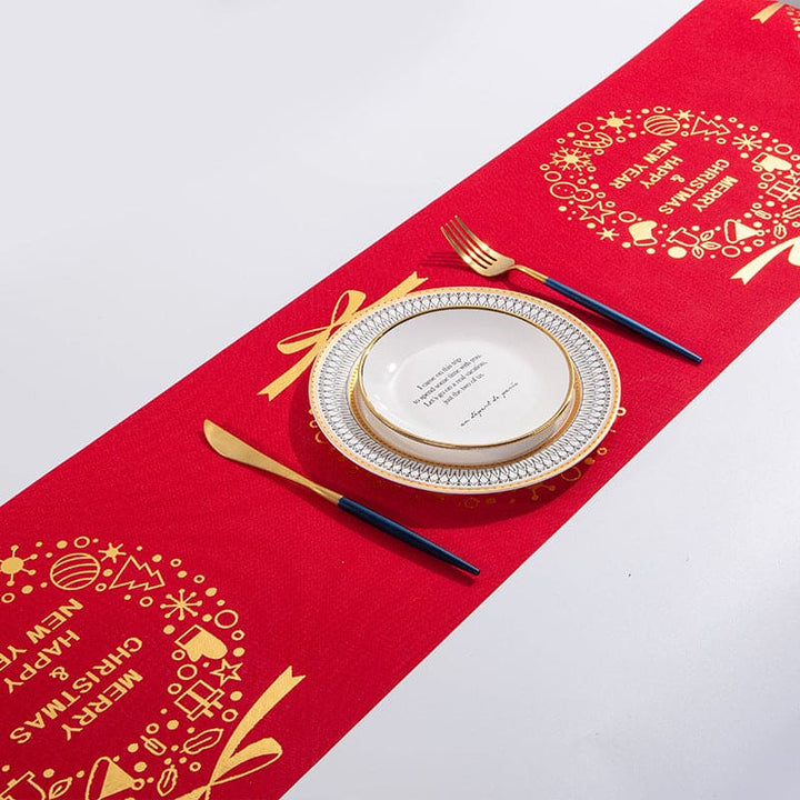 Christmas Linen Table Runner with Christmas Design showing Gold Christmas Scene | Confetti Living