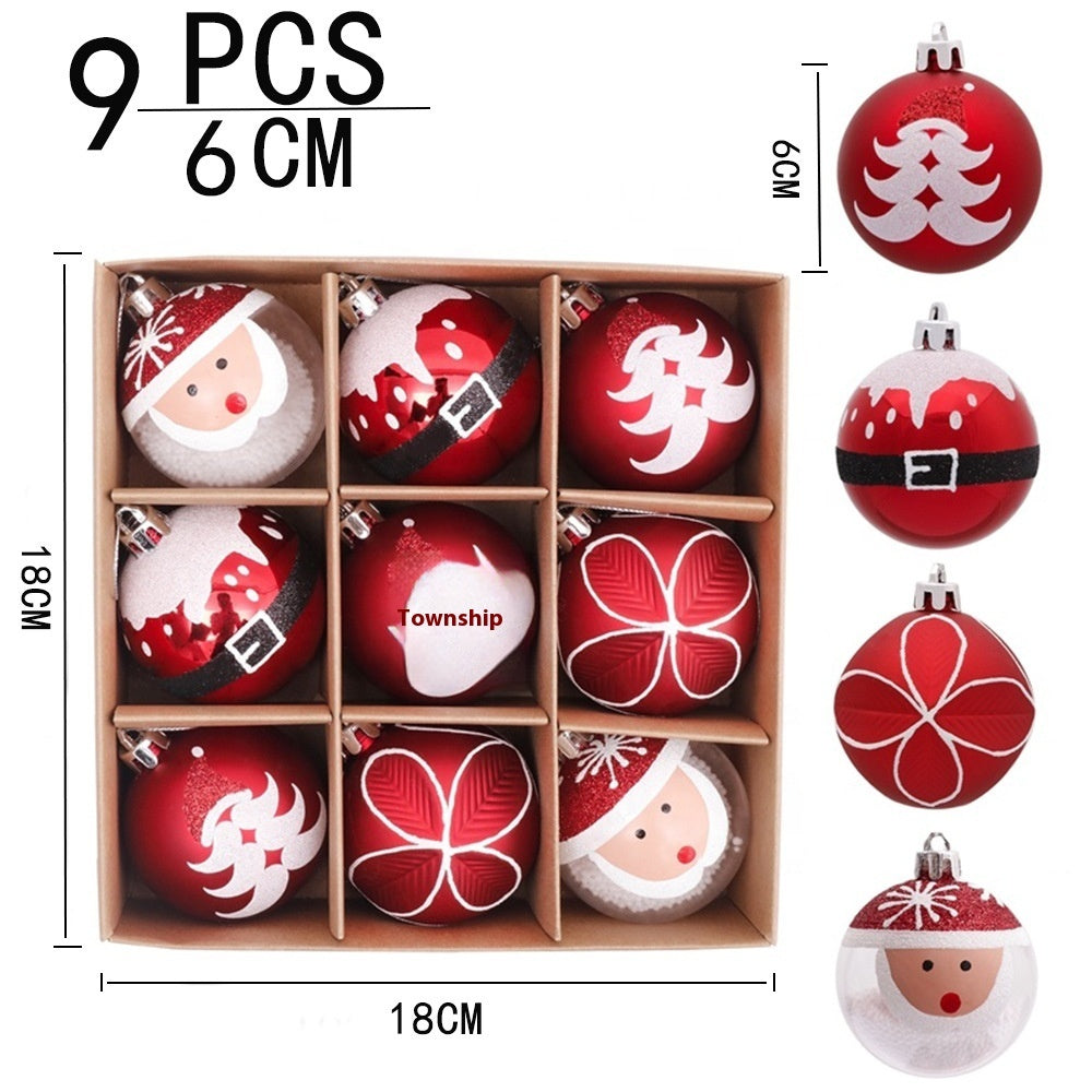 Boxed set of Christmas Hanging Baubles in Red and White designs showing box and bauble dimensions