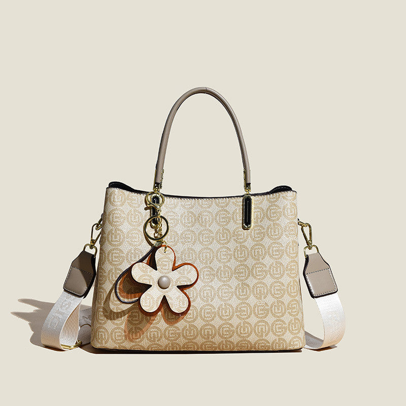 Women's Fashion Shoulder Bag with Flower Pendant showing circle beige design | Confetti Living