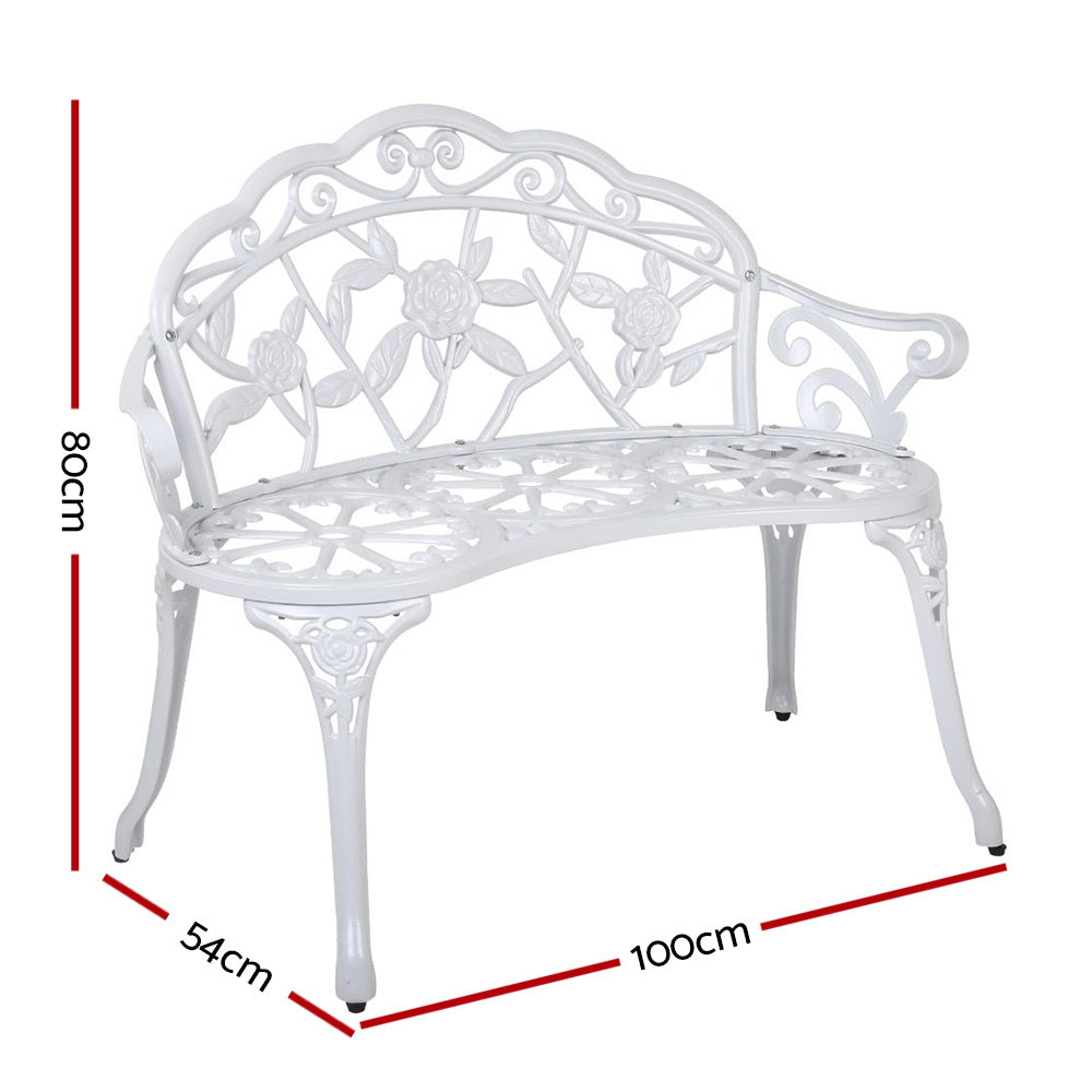 Gardeon White Victorian Garden Bench showing dimensions | Confetti Living