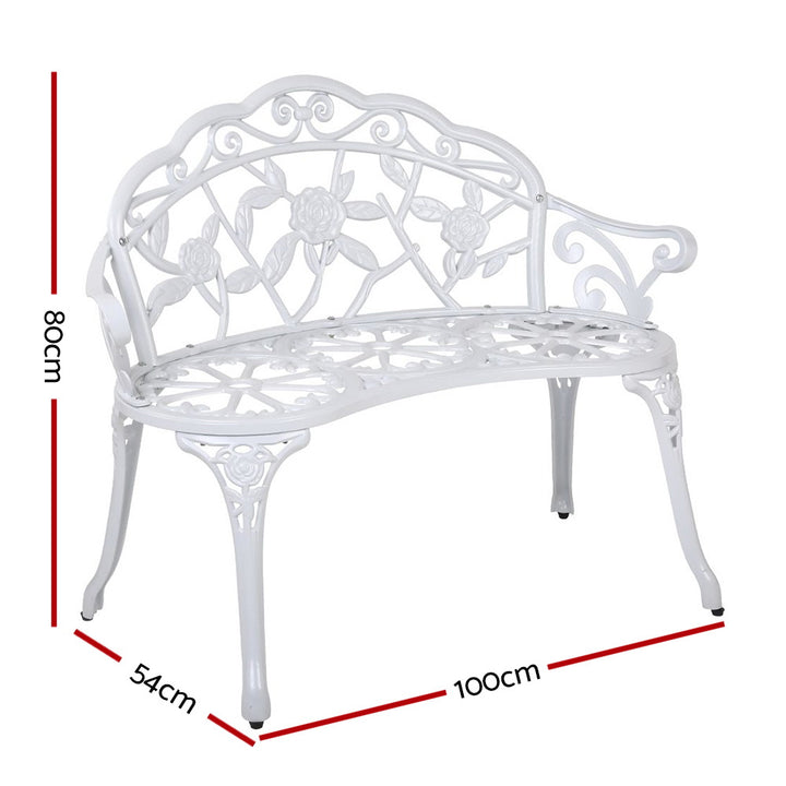 Gardeon White Victorian Garden Bench showing dimensions | Confetti Living
