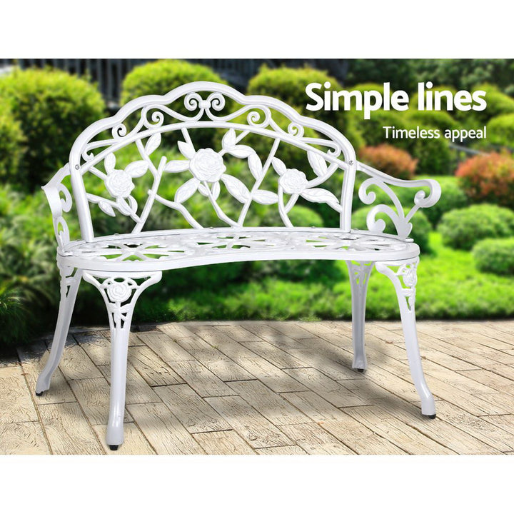 Gardeon White Victorian Garden Bench shown in garden setting | Confetti Living
