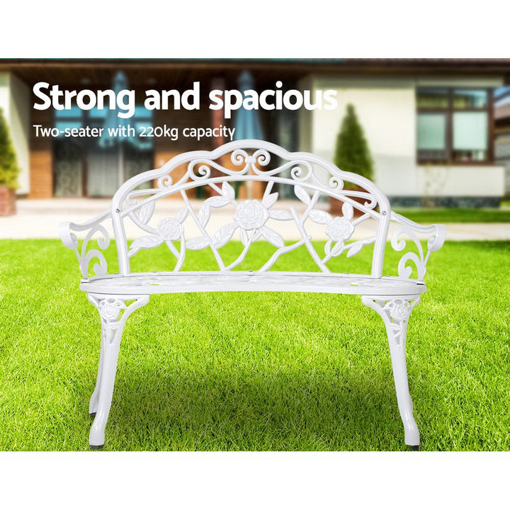 Gardeon White Victorian Garden Bench showing capacity details | Confetti Living