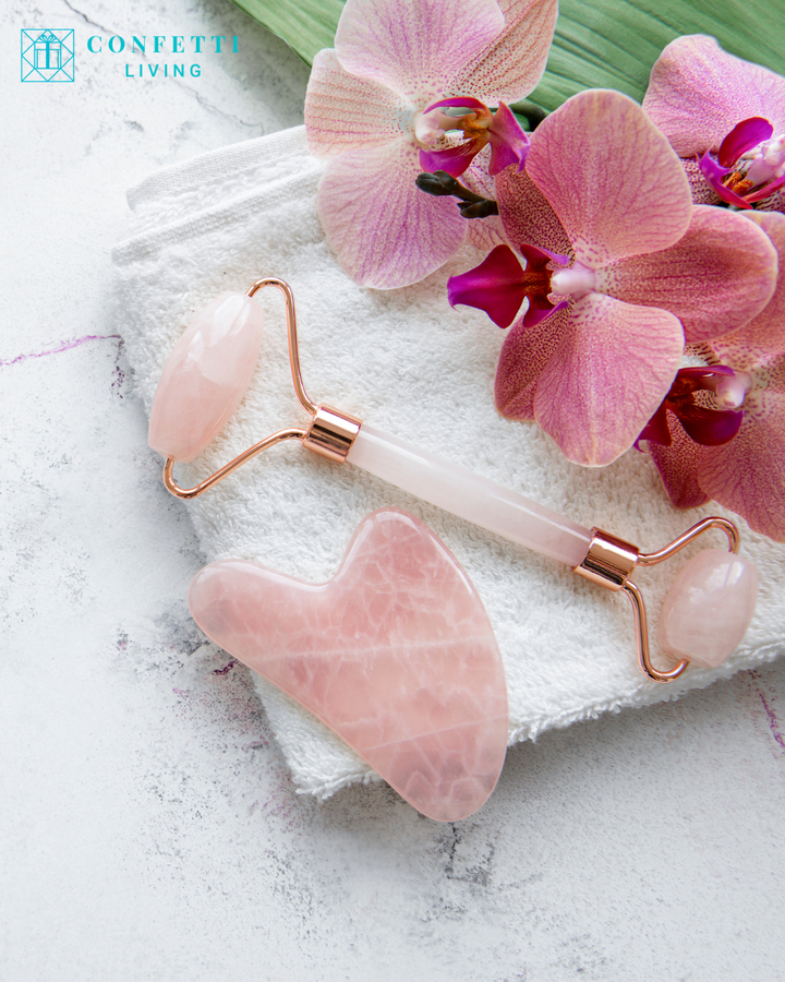 Luxury Rose Quartz Face Roller and Gua Sha Set | Confetti Living