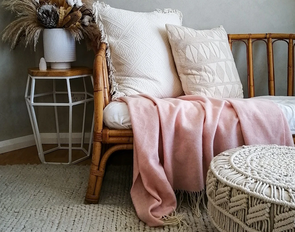 Kensington Wool Throw Rug in Blush shown in use | Confetti Living