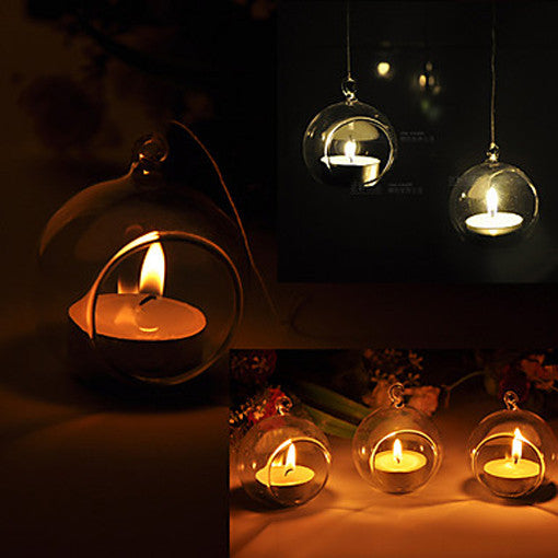Hanging Glass Ball Tealight Candle Holder Medium shown in use at night | Confetti Living