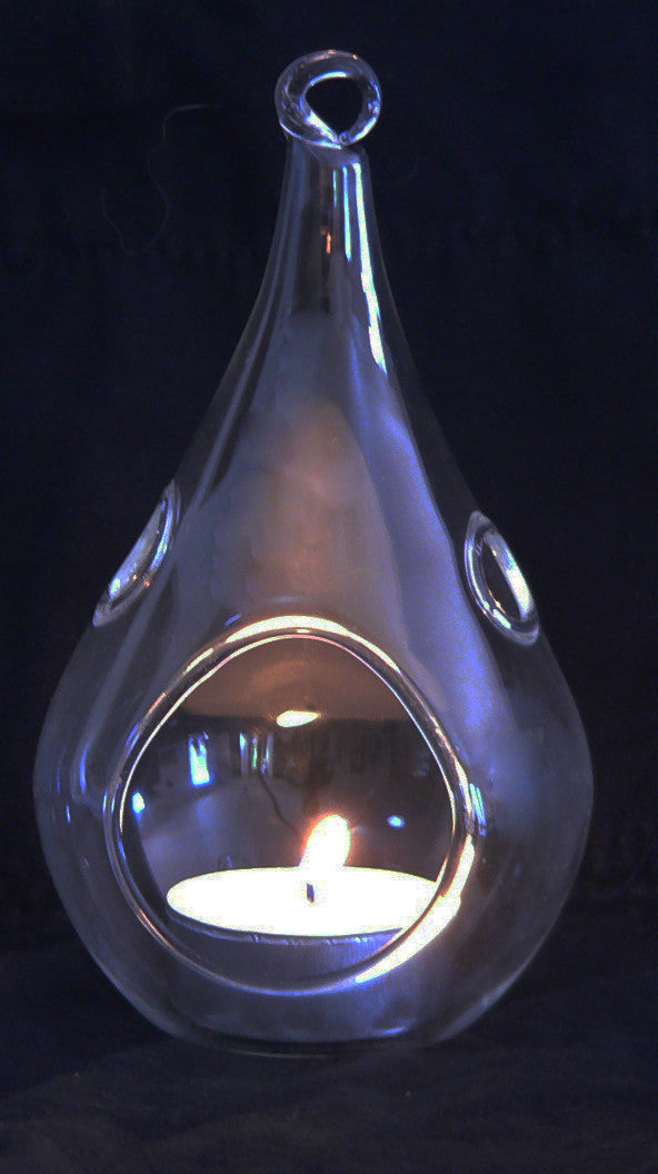 Hanging Glass Teardrop Tealight Candle Holder Large shown in use at night | Confetti Living
