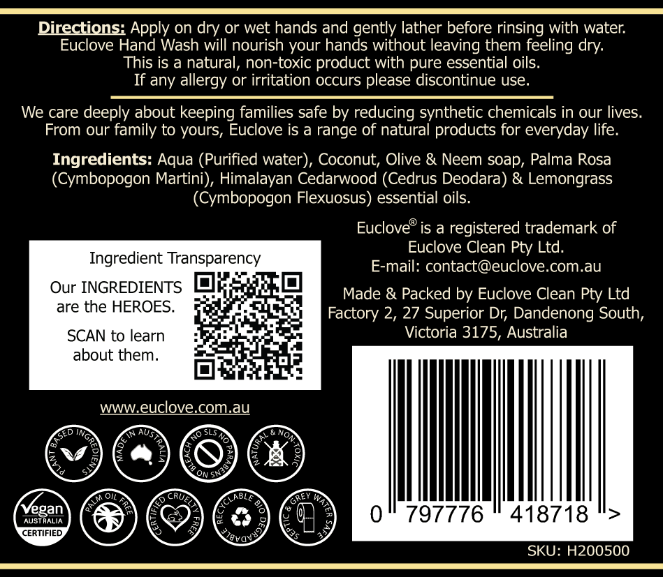 Natural Hand Wash Lemongrass, Palamrosa and Cedarwood 500ml | Confetti Living