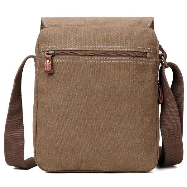 Classic brown shoulder bag from Troop London is made of super strong canvas with genuine Italian leather trim and detailed zip pullers. Lined in PU backed cotton. Back facing orientation.