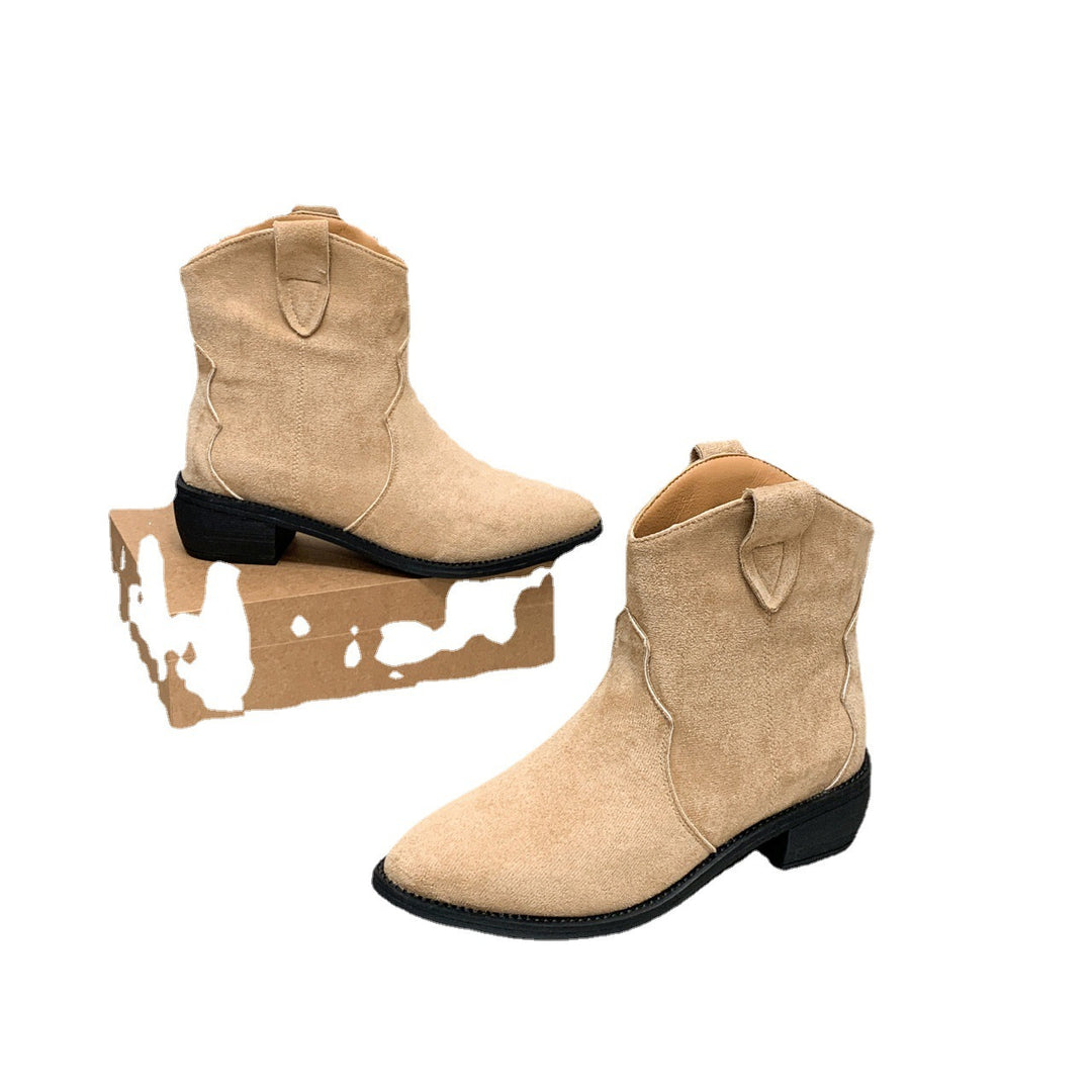 Women's Suede Pointed Toe Cowboy Boots in Beige | Confetti Living