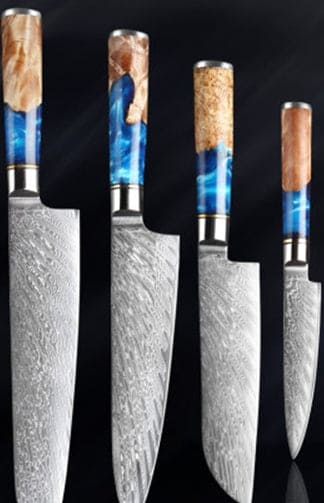 Set of 4 Japanese professional 24cm Chef knife, 20cm Chef knife, 18cm Santoku knife and 12cm Utility knife showing Damascus steel blades and durable coloured resin and wood handles on a black background
