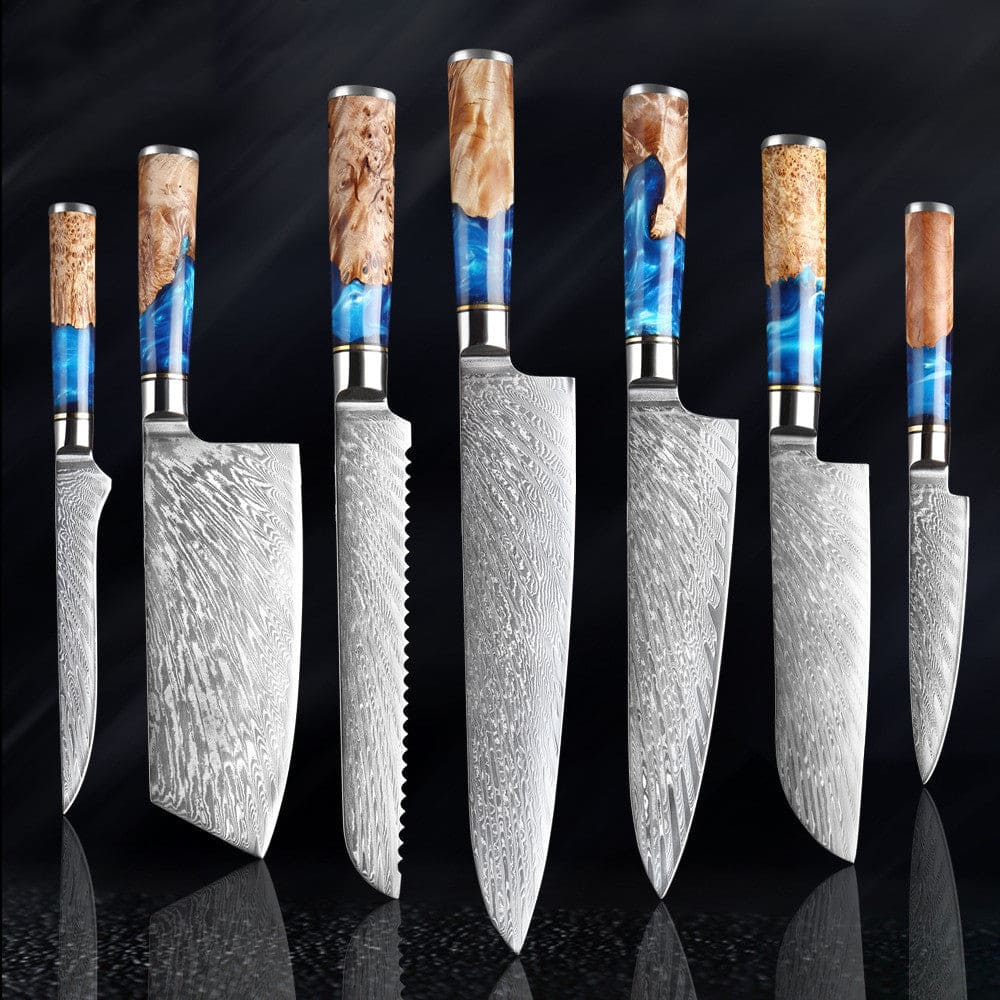 Set of 7 Japanese professional kitchen knives with 15cm Boning knife, 19cm Cleaver, 19cm Bread knife, 24cm Chef knife, 20cm Chef knife, 18cm Santoku knife and 12cm Universal knife  on a reflective black background