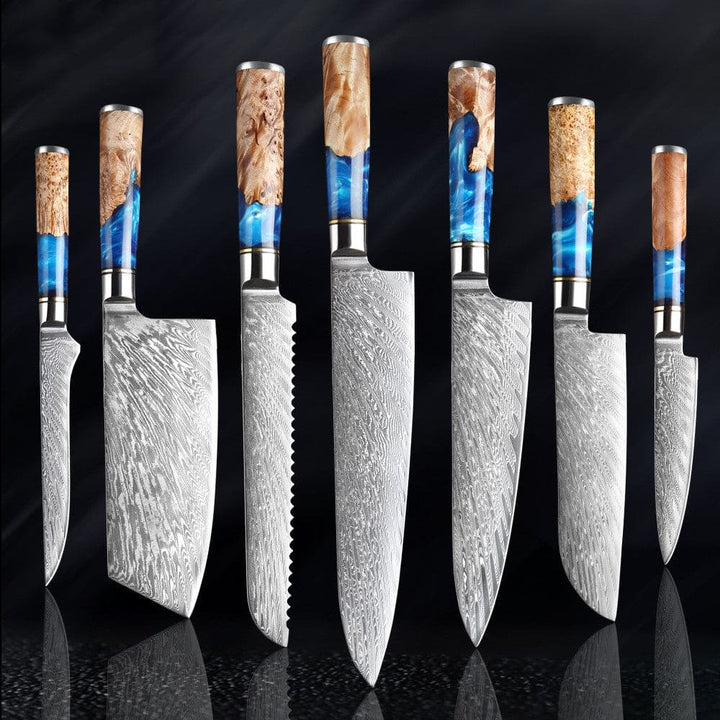 Set of 7 Japanese professional kitchen knives with 15cm Boning knife, 19cm Cleaver, 19cm Bread knife, 24cm Chef knife, 20cm Chef knife, 18cm Santoku knife and 12cm Universal knife  on a reflective black background