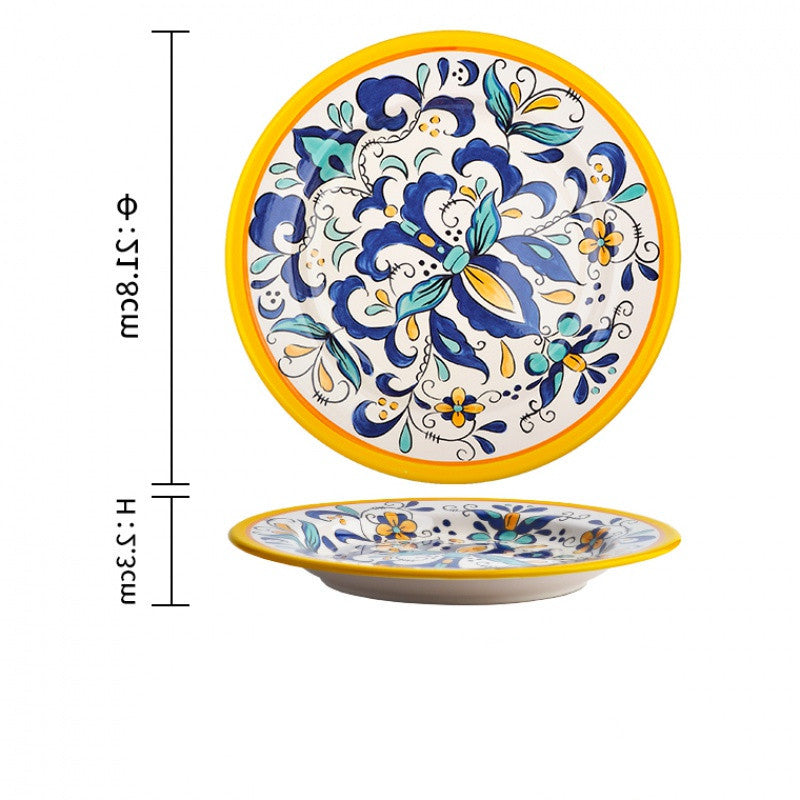 Colourful Glazed Ceramic Steak Plates showing Yellow Blue Flower Design | Confetti Living