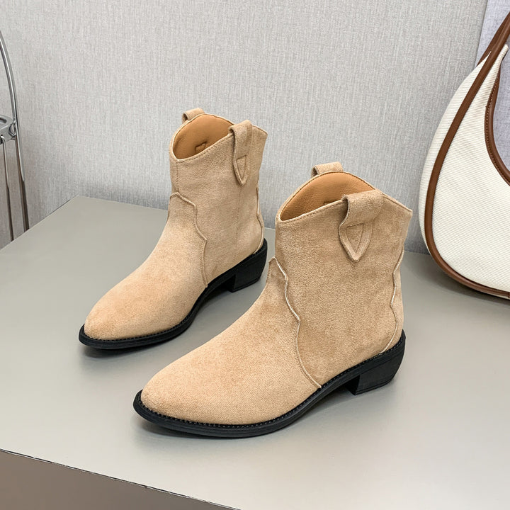 Women's Suede Pointed Toe Cowboy Boots in Beige | Confetti Living