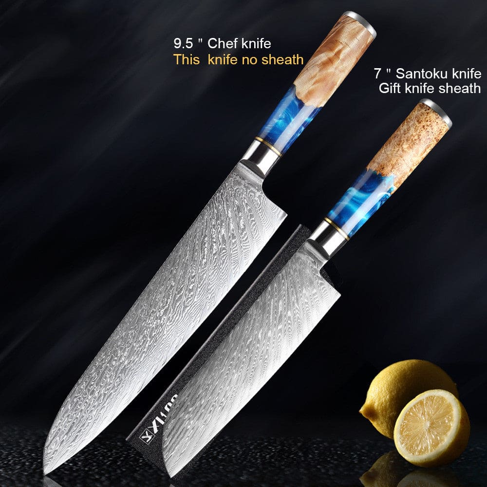 Set of 2 Japanese professional 24cm Chef knife and 18cm Santoku knife showing Damascus steel blades and durable coloured resin and wood handles on a black background