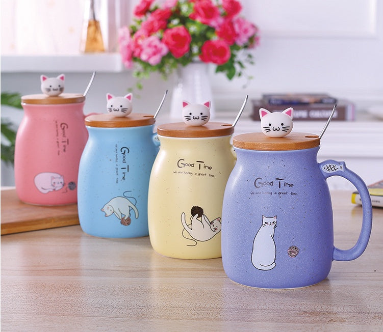 Ceramic Cartoon Cat Mug With Lid and Spoon | Confetti Living