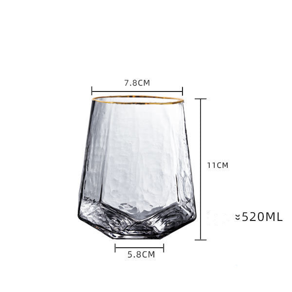 Diamond Crystal Wine and Champagne Glasses showing Stemless Glass with Gold Rim and dimensions | Confetti Living