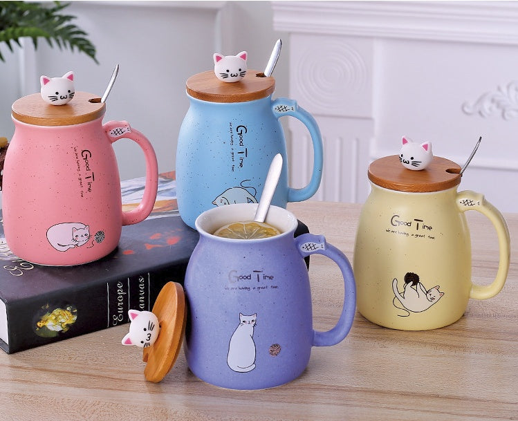 Ceramic Cartoon Cat Mug With Lid and Spoon | Confetti Living