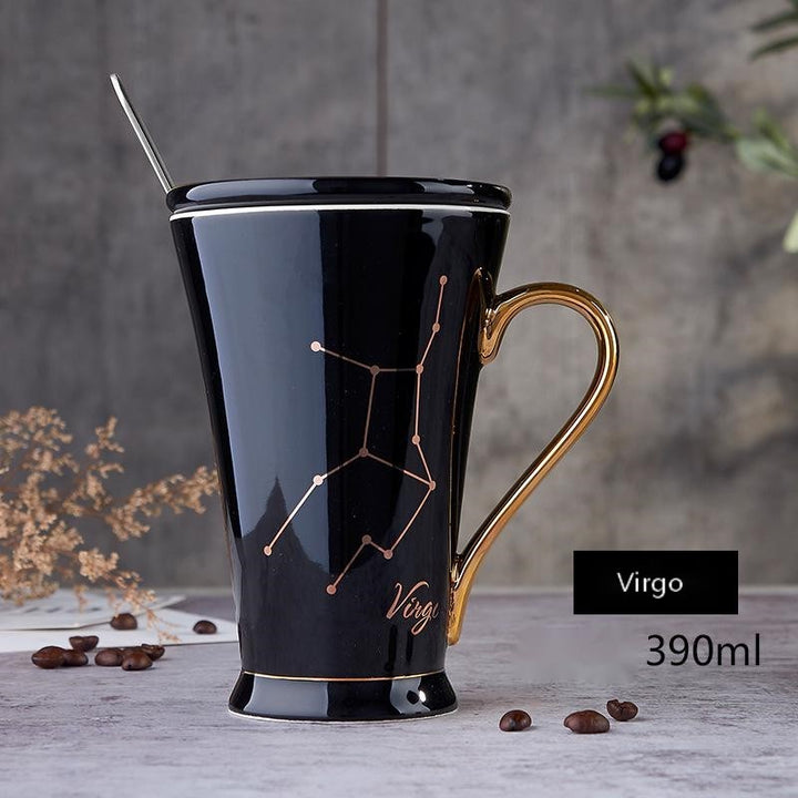 Zodiac Coffee Mugs with Lid and Spoon showing Black Virgo | Confetti living