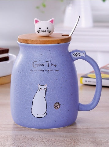 Ceramic Cartoon Cat Mug With Lid and Spoon Purple | Confetti Living