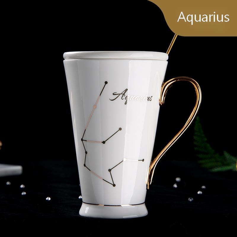 Zodiac Coffee Mugs with Lid and Spoon showing White Aquarius | Confetti living