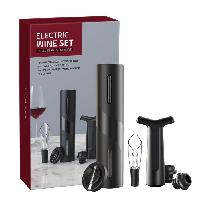 Home Bar Electric Bottle Opener with Accessories showing All Black Set | Confetti Living