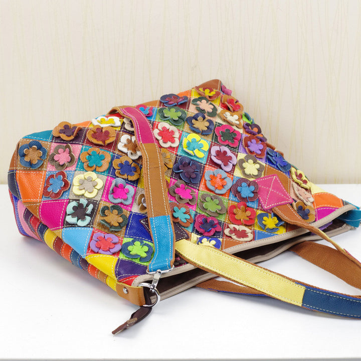 Women's Handmade Leather Fashion Shoulder Bag in Colourful Flower Pattern | Confetti Living