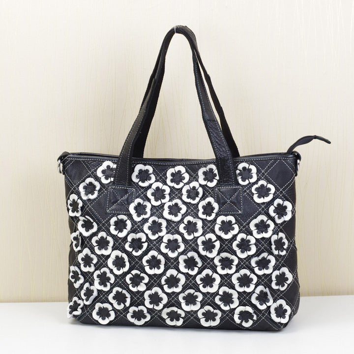 Women's Handmade Leather Fashion Shoulder Bag in Black and White Flower Pattern | Confetti Living