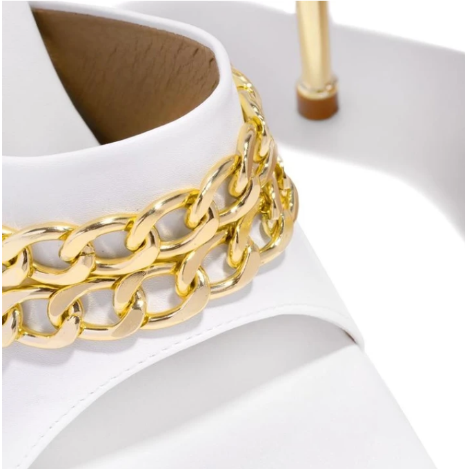 Women's Thin High Heel Mules showing gold chain detail | Confetti Living