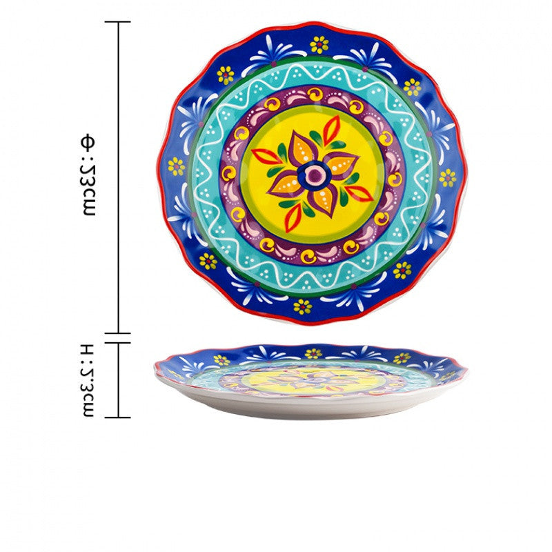 Colourful Glazed Ceramic Steak Plates showing Blue Lace Design | Confetti Living