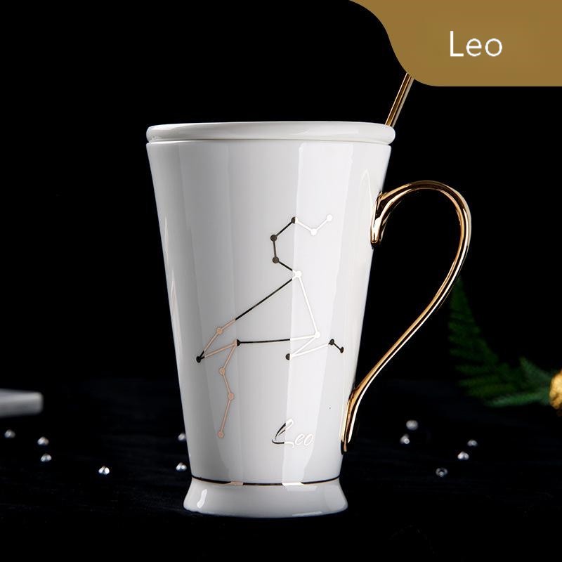 Zodiac Coffee Mugs with Lid and Spoon showing White Leo | Confetti living