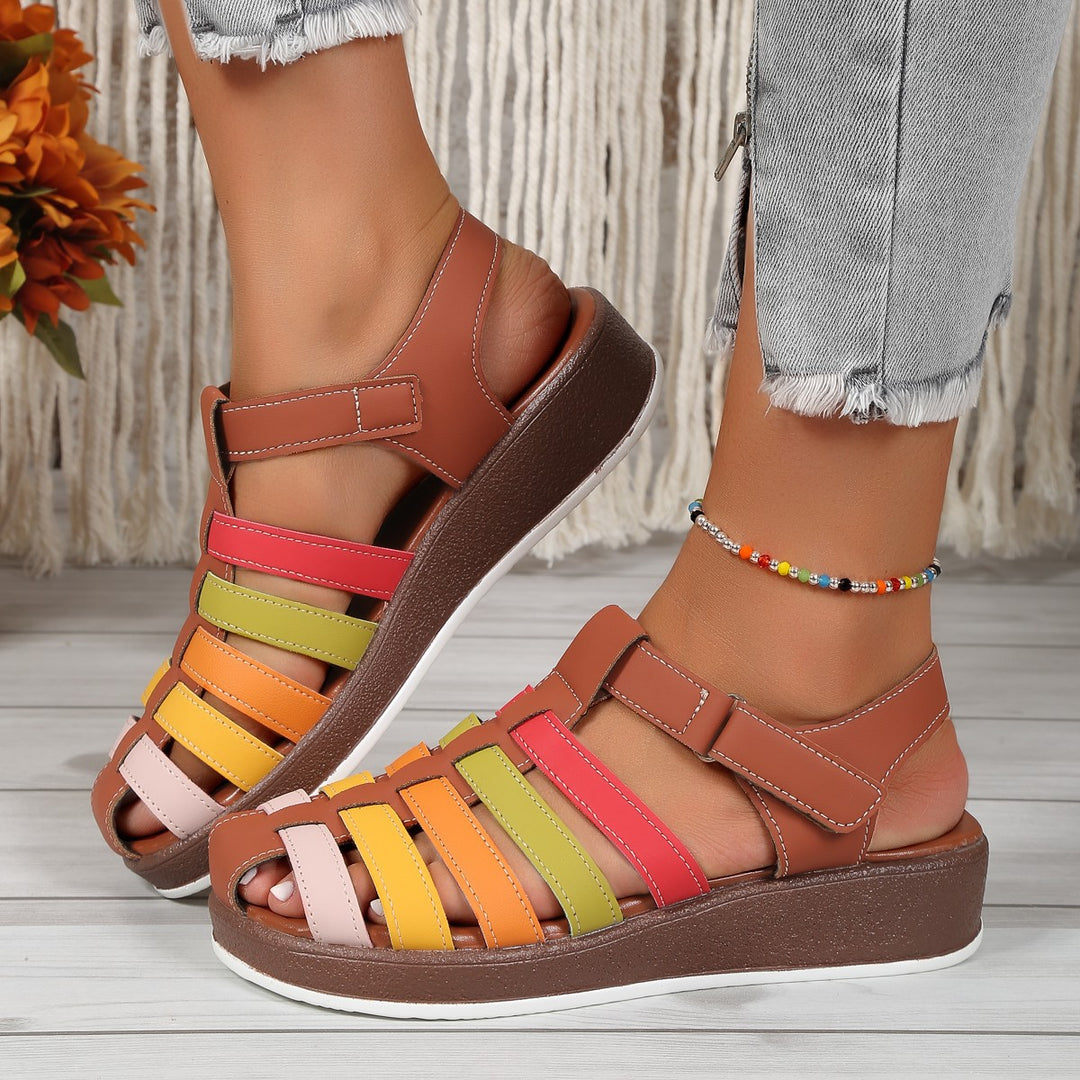 Women's Colour Buckle Strap Wedge Sandals in Brown | Confetti Living