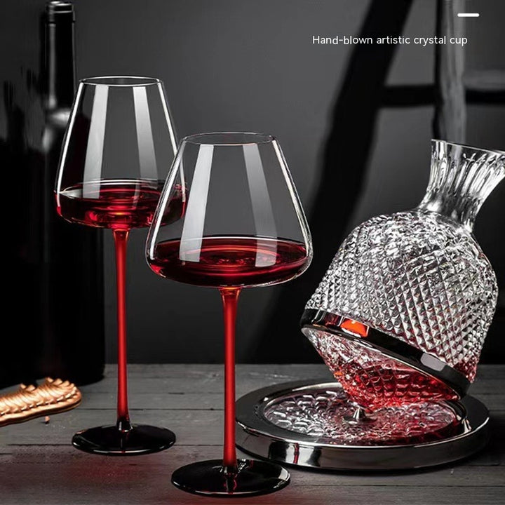 Home Bar Luxury Glass Gyro Wine Decanter shown with Silver Decanter and Red Wine Glasses | Confetti Living