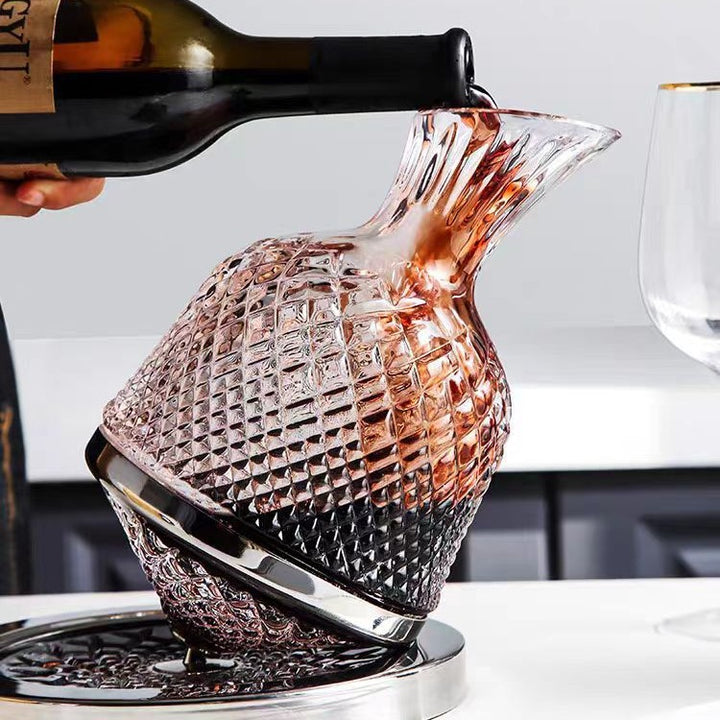 Home Bar Luxury Glass Gyro Wine Decanter shown with Silver Decanter in use| Confetti Living