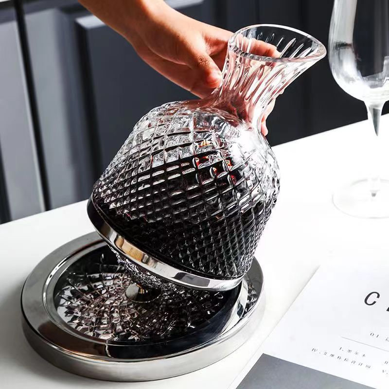 Home Bar Luxury Glass Gyro Wine Decanter shown with Silver Decanter in use| Confetti Living