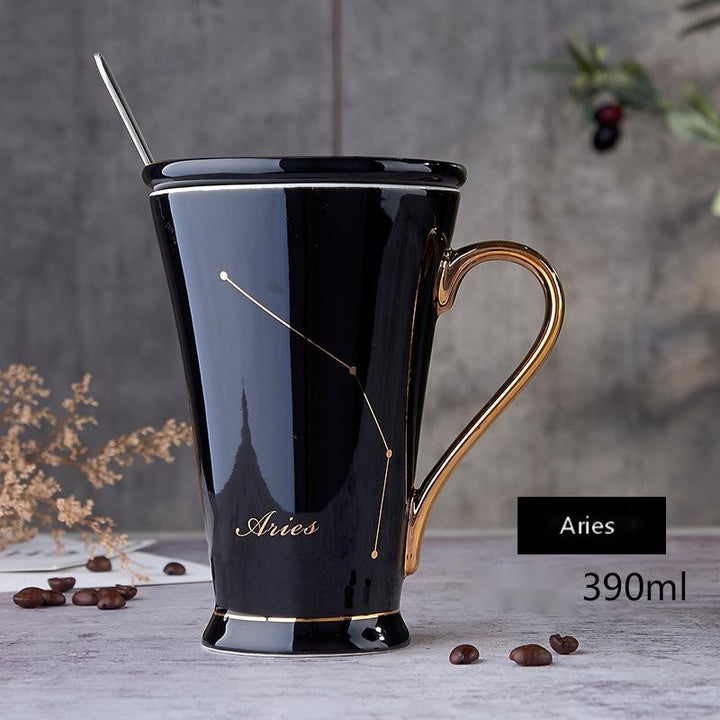 Zodiac Coffee Mugs with Lid and Spoon showing Black Aries | Confetti living