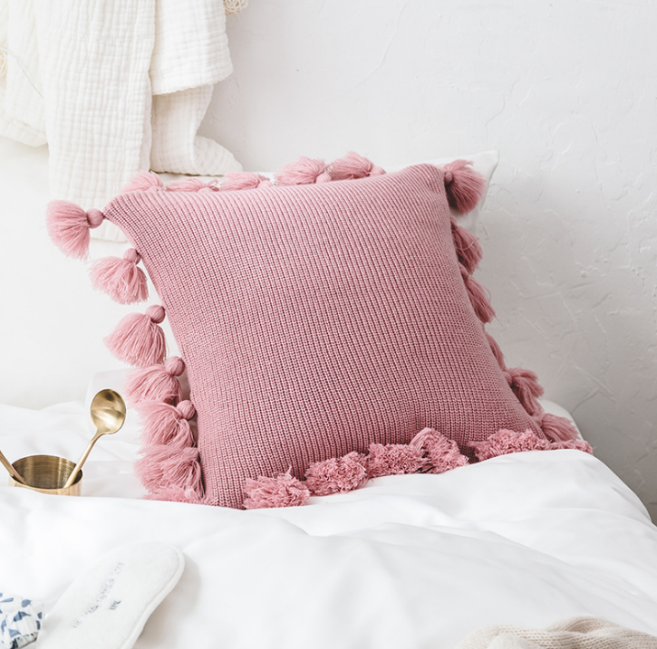 Cushion Cover Bohemian Knitted with Fringe in Pink | Confetti Living